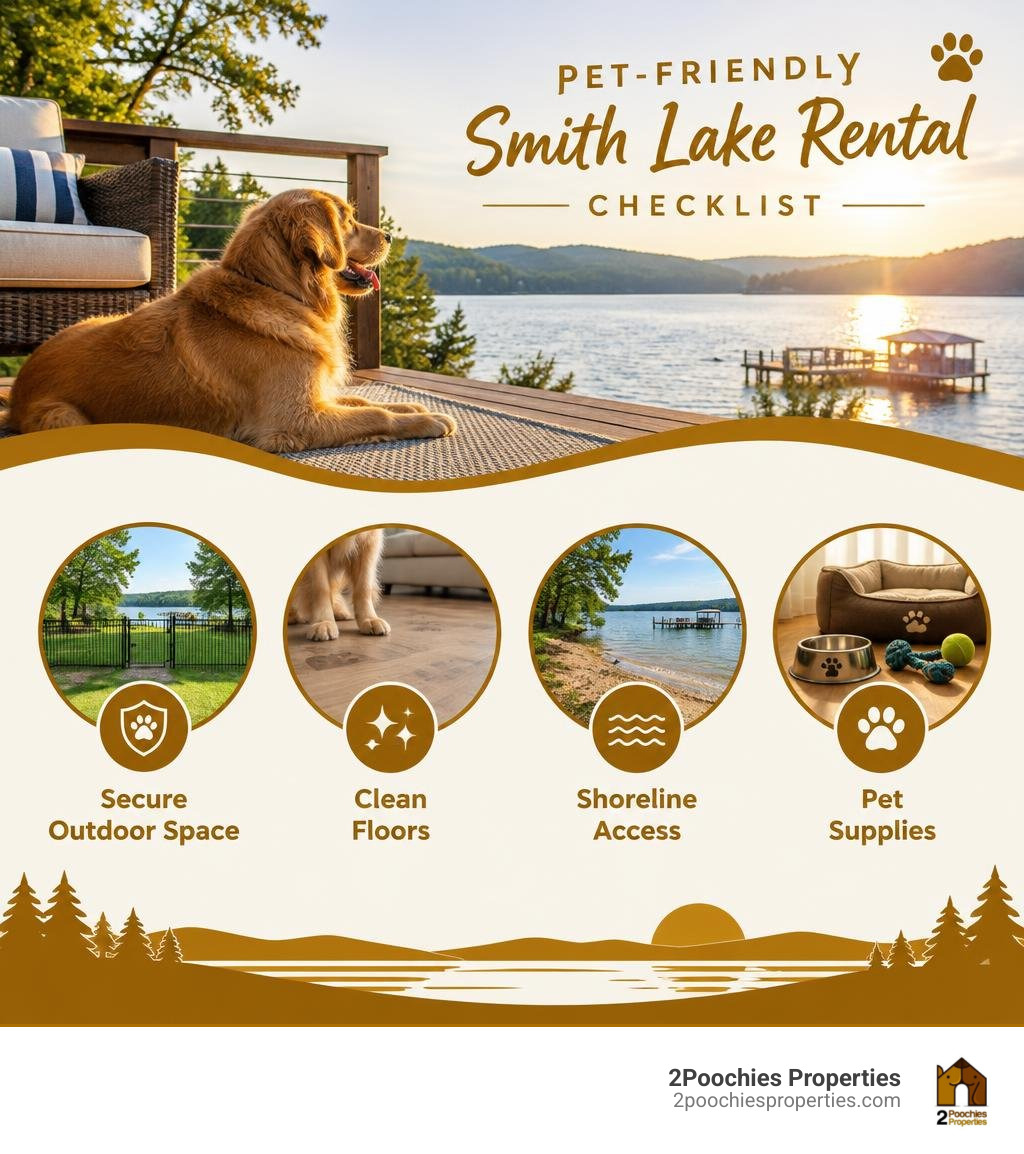 Pet-friendly Smith Lake rental checklist: secure outdoor space, clean floors, shoreline access, pet supplies infographic