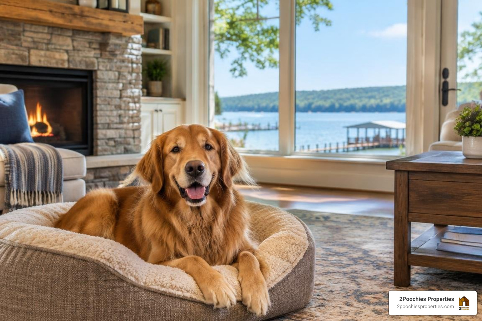 dog resting comfortably inside cozy North Alabama lakefront home with 2Poochies Properties logo