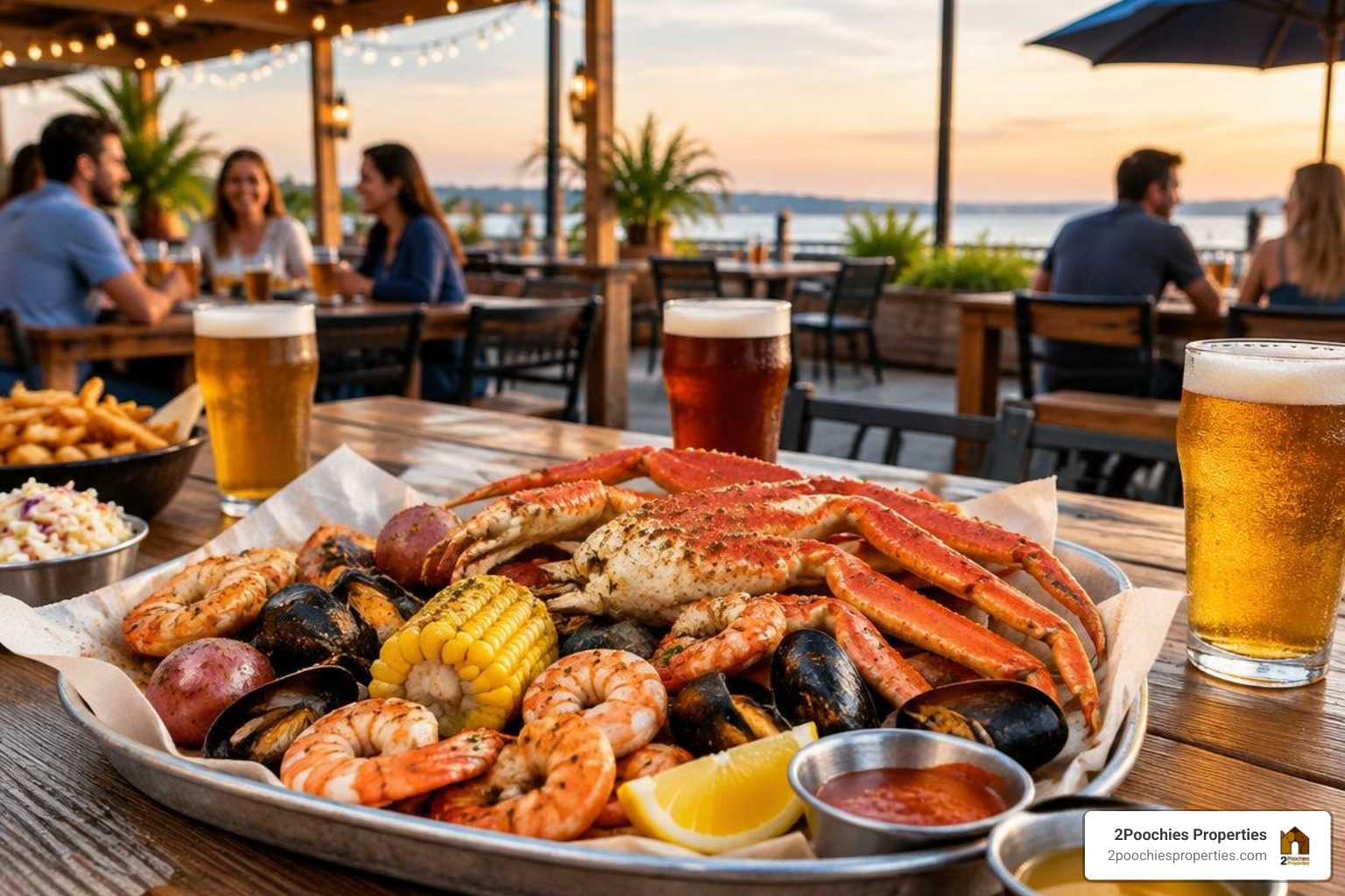 Southern seafood platters and craft beer patio with 2Poochies logo