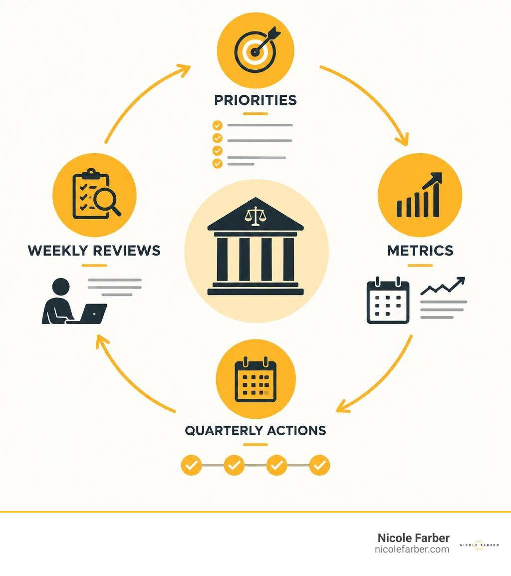 Law firm milestone execution cycle: priorities, metrics, quarterly actions, weekly reviews infographic