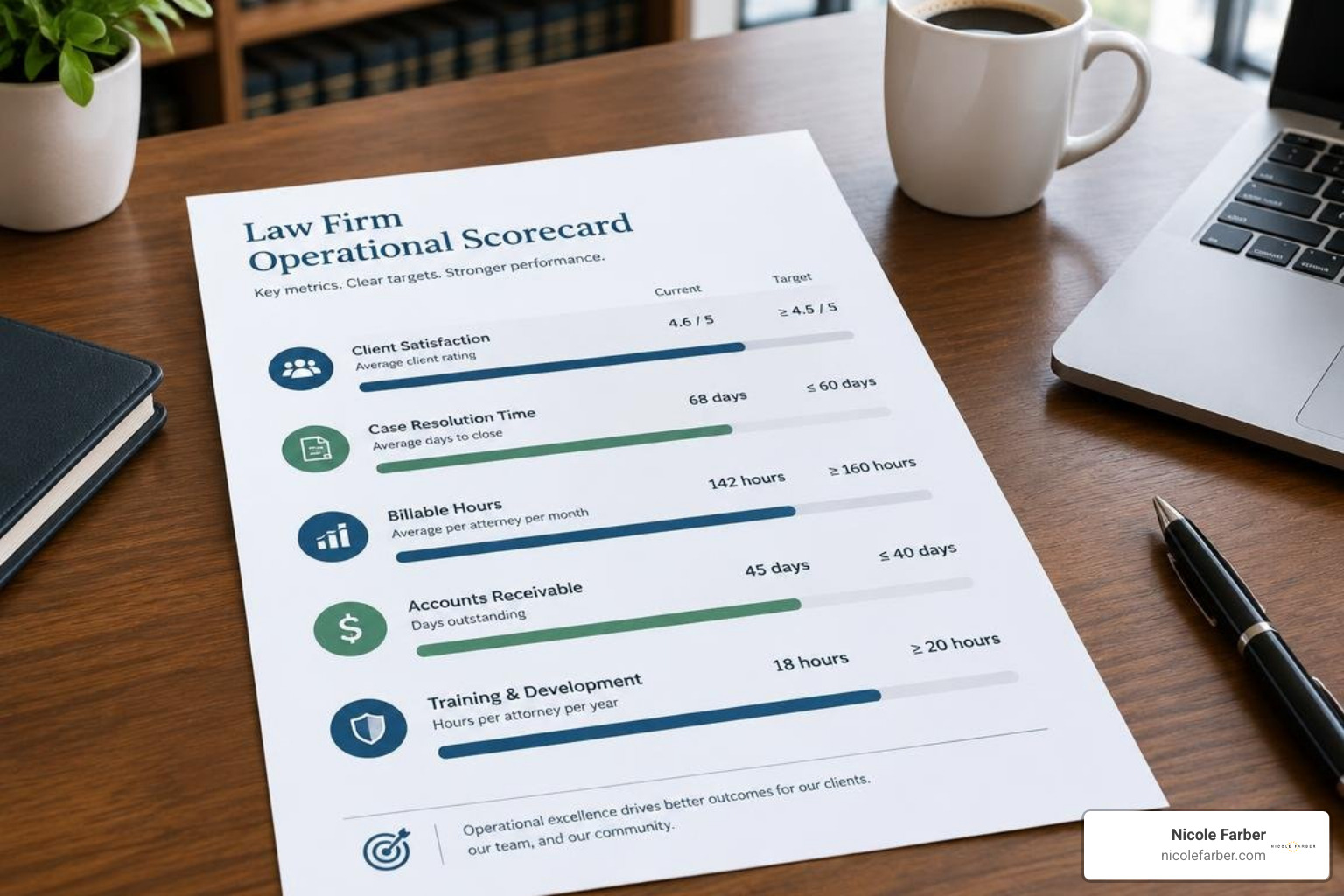 A one-page law firm operational scorecard with measurable targets