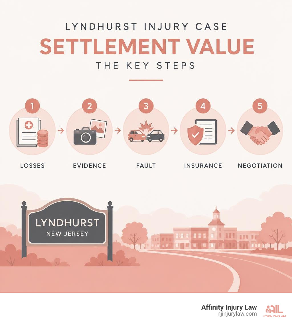 Infographic showing settlement value steps: losses, evidence, fault, insurance, negotiation infographic Infographic showing settlement value steps: losses, evidence, fault, insurance, negotiation infographic