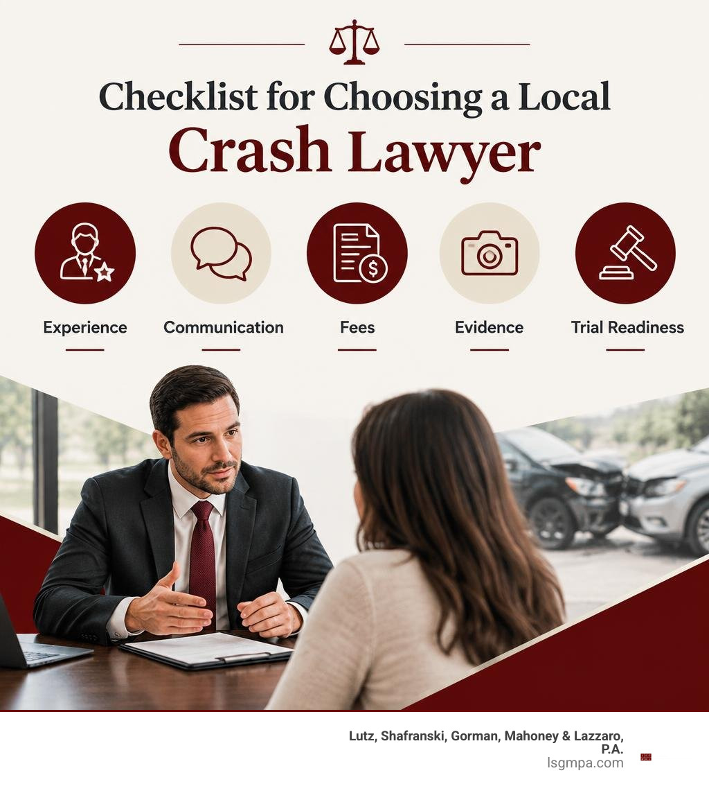 Checklist for choosing a local crash lawyer: experience, communication, fees, evidence, trial readiness infographic Checklist for choosing a local crash lawyer: experience, communication, fees, evidence, trial readiness infographic