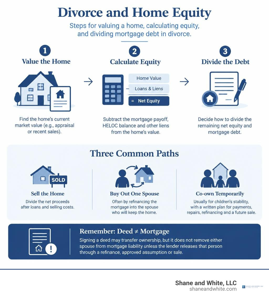 Steps for valuing a home, calculating equity, and dividing mortgage debt in divorce infographic