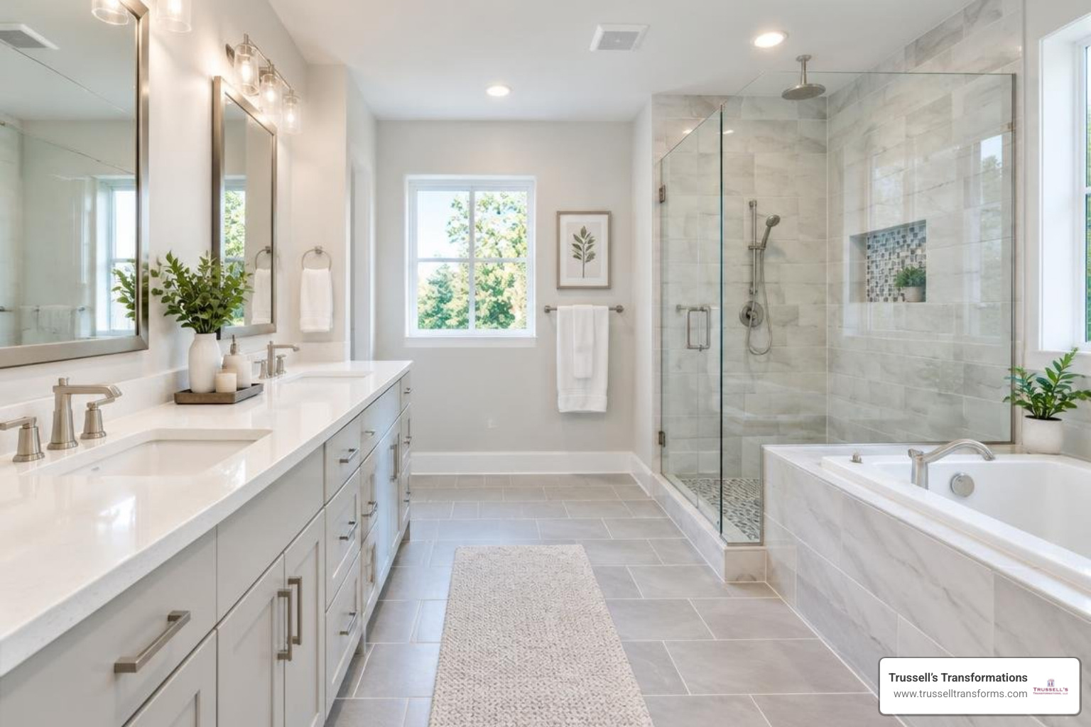 Bright Master Bathroom With Double Quartz Vanity And Tile Accents