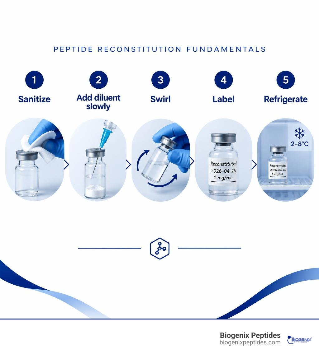 Peptide reconstitution fundamentals: sanitize, add diluent slowly, swirl, label, refrigerate infographic