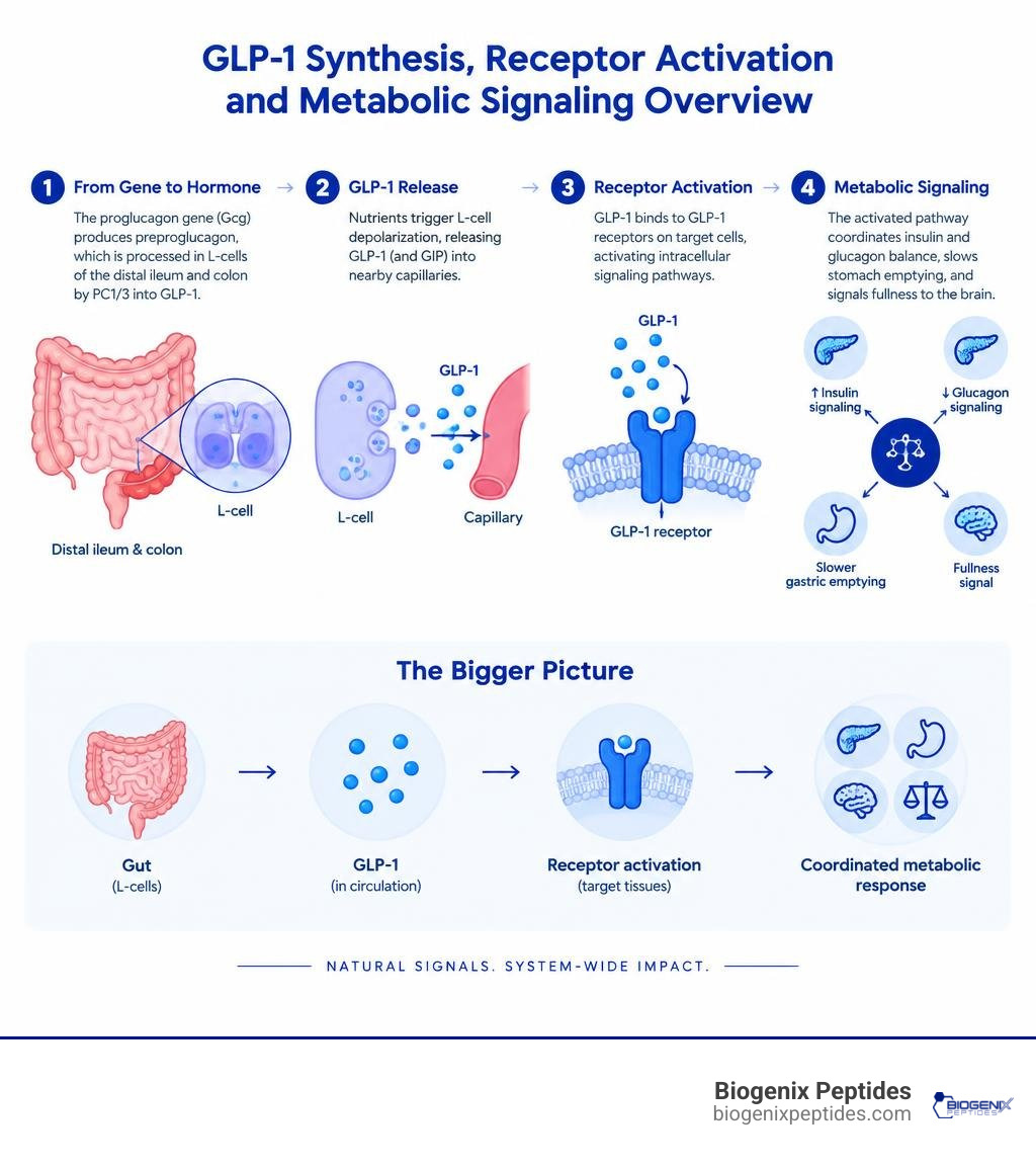 GLP-1 synthesis receptor activation and metabolic signaling overview infographic