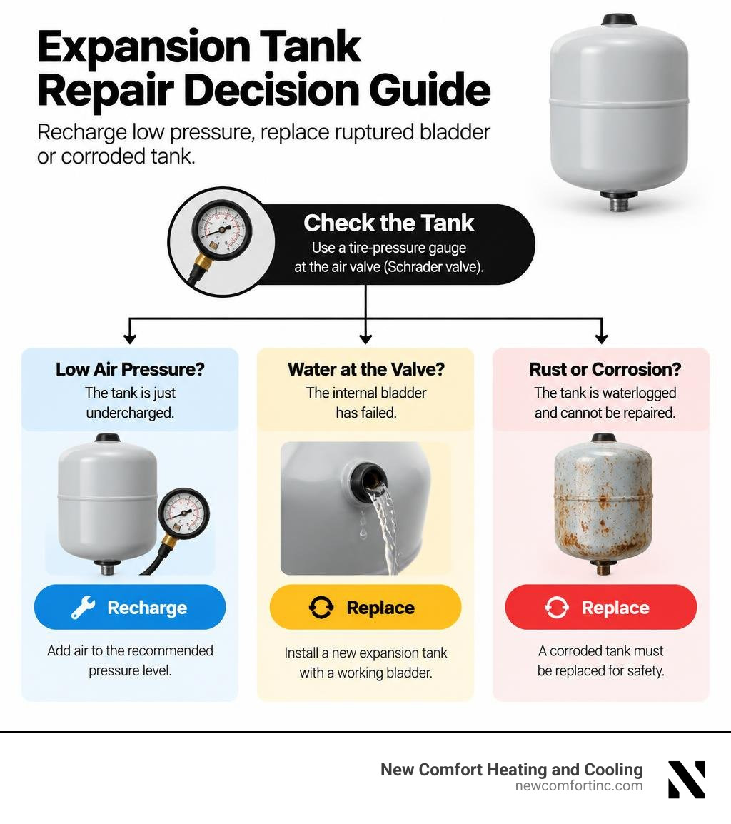Expansion tank repair decision guide: recharge low pressure, replace ruptured bladder or corroded tank infographic