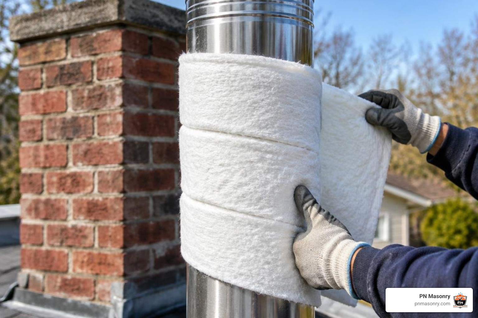 insulation wrap being applied to a stainless steel chimney liner