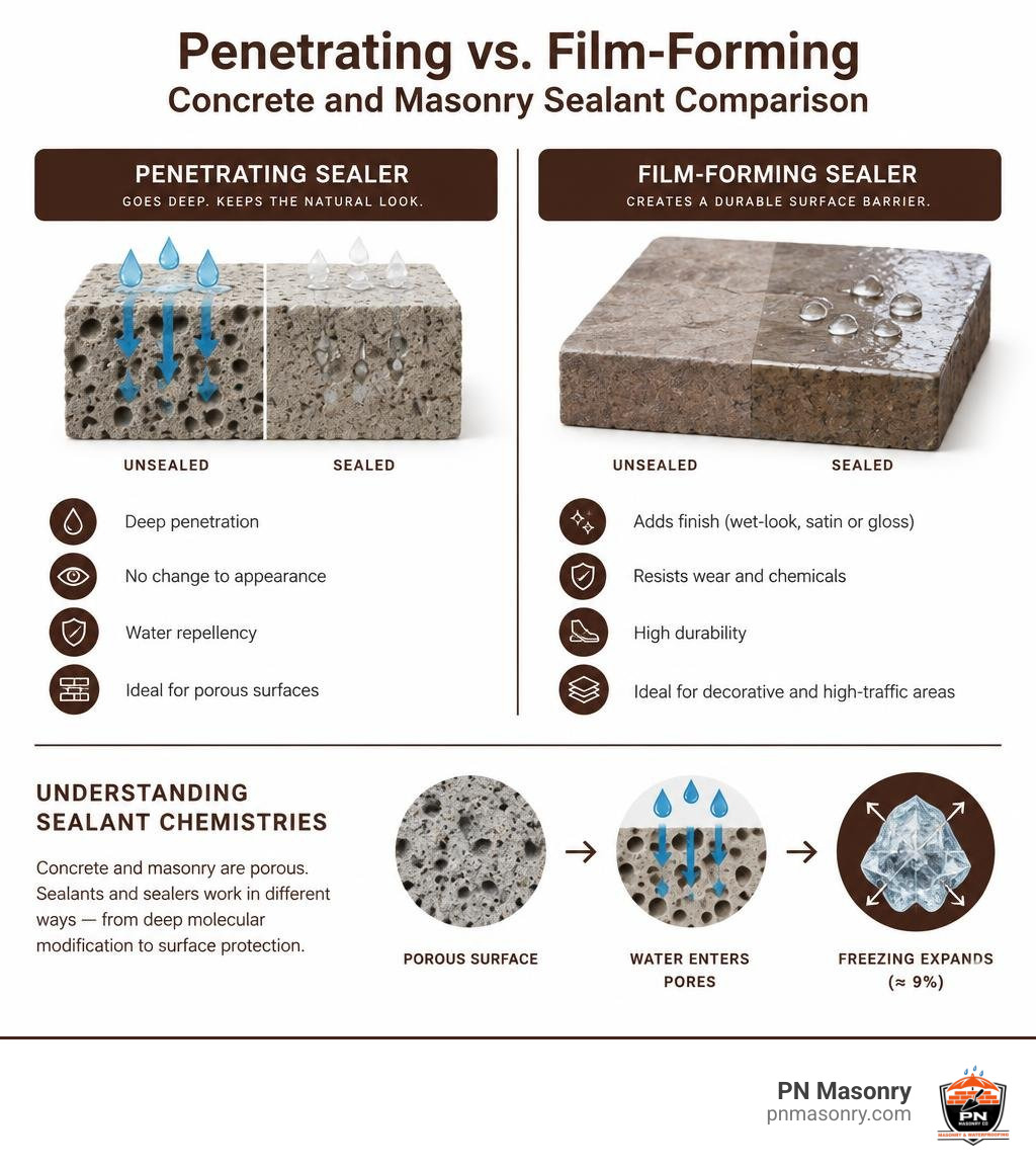 Penetrating versus film-forming concrete and masonry sealant comparison infographic Penetrating versus film-forming concrete and masonry sealant comparison infographic