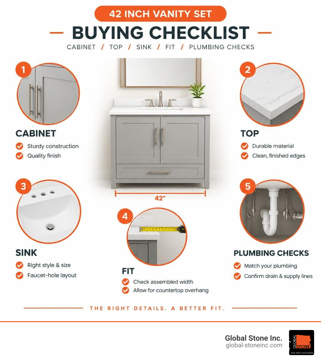 42 inch vanity set buying checklist with cabinet, top, sink, fit, and plumbing checks infographic