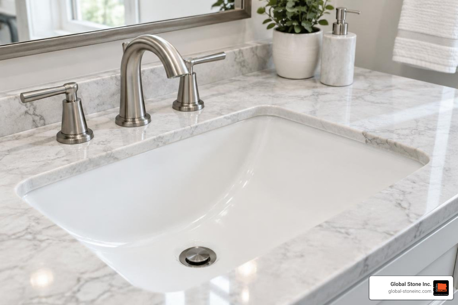 Undermount porcelain sink with polished stone countertop edge detail