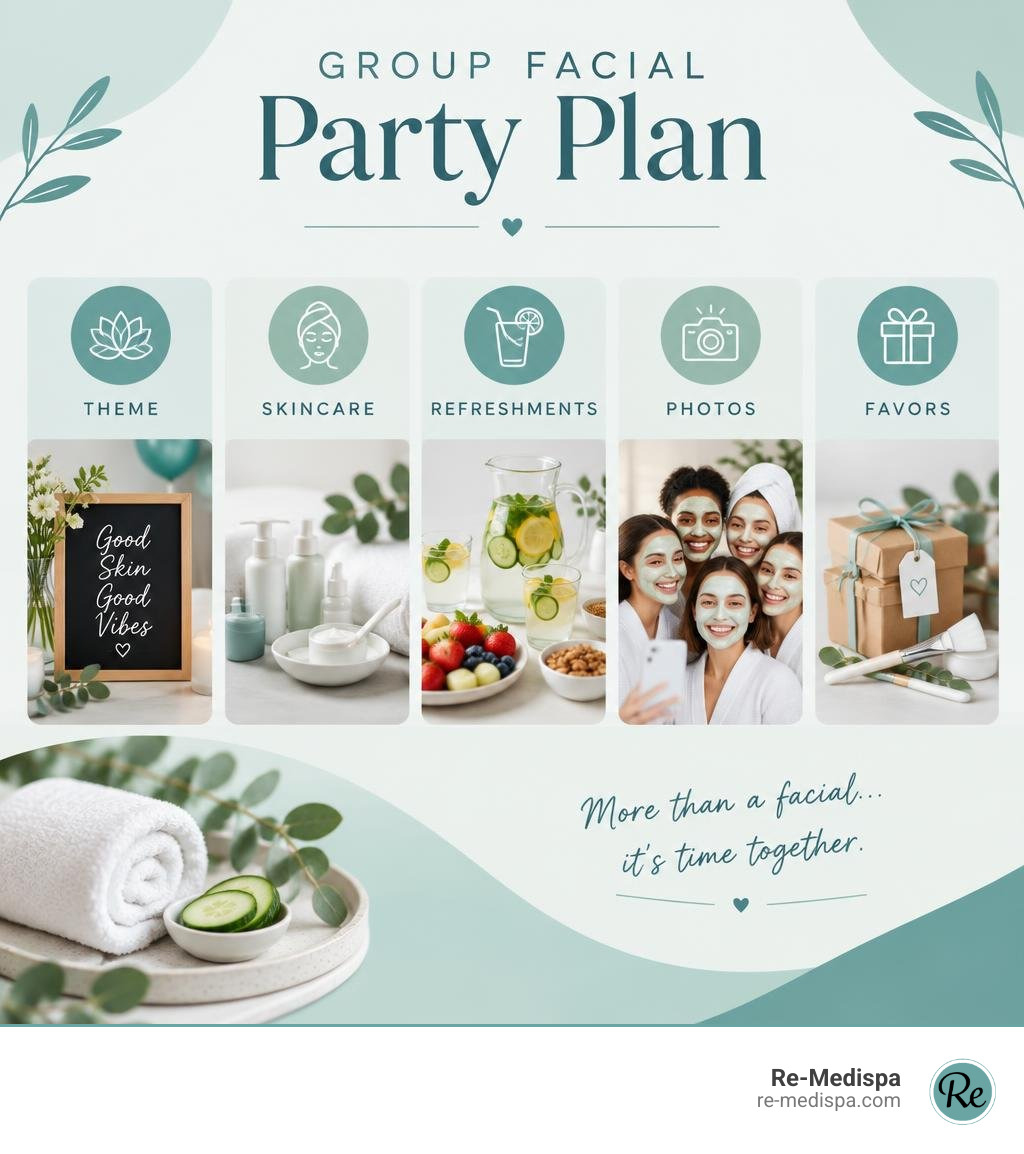 Group facial party plan: theme, skincare, refreshments, photos, favors infographic