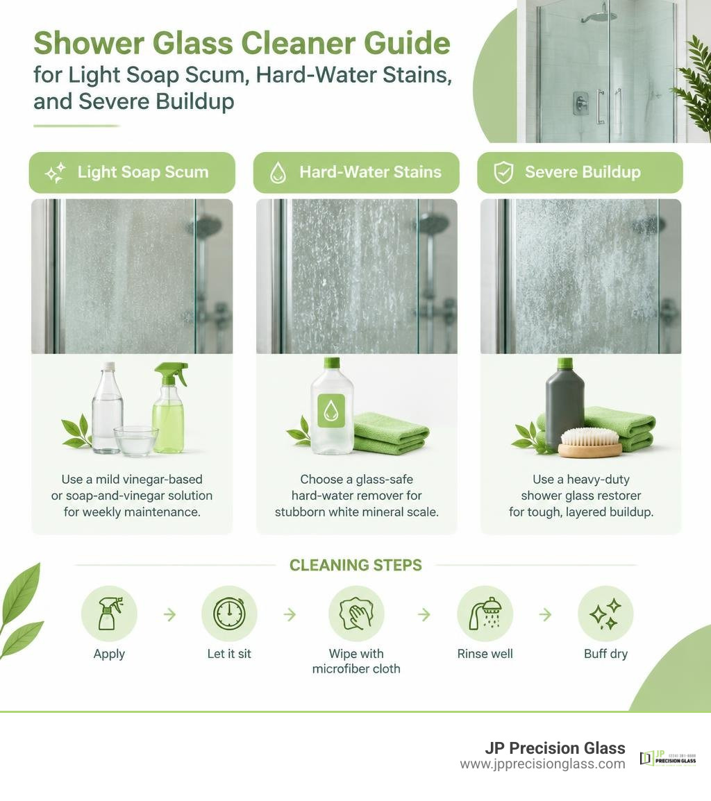Shower glass cleaner guide for light soap scum, hard-water stains, and severe buildup infographic Shower glass cleaner guide for light soap scum, hard-water stains, and severe buildup infographic