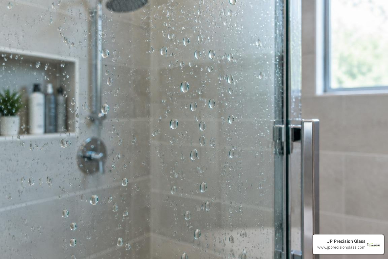 Water beading on coated shower door glass Water beading on coated shower door glass