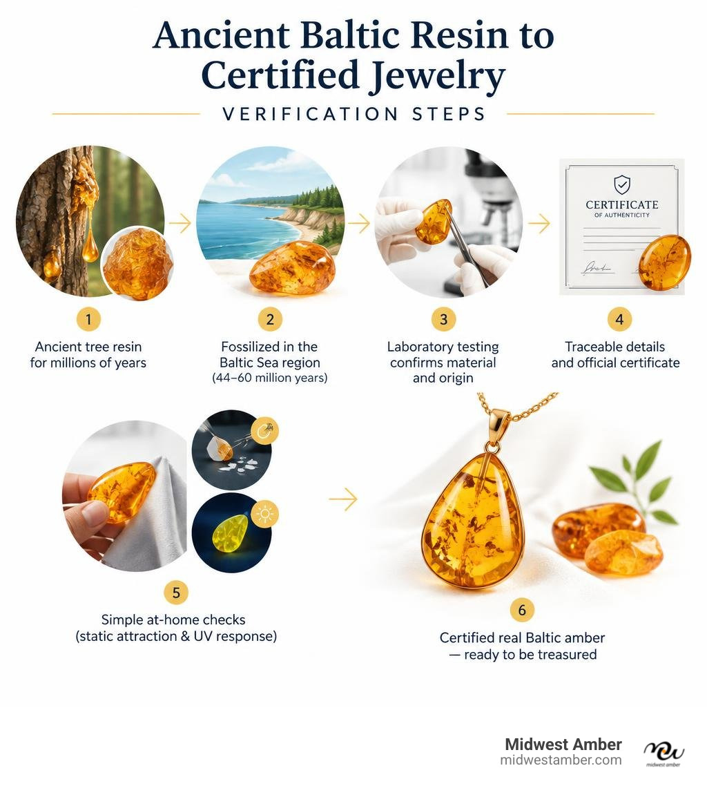 Ancient Baltic resin to certified jewelry verification steps infographic