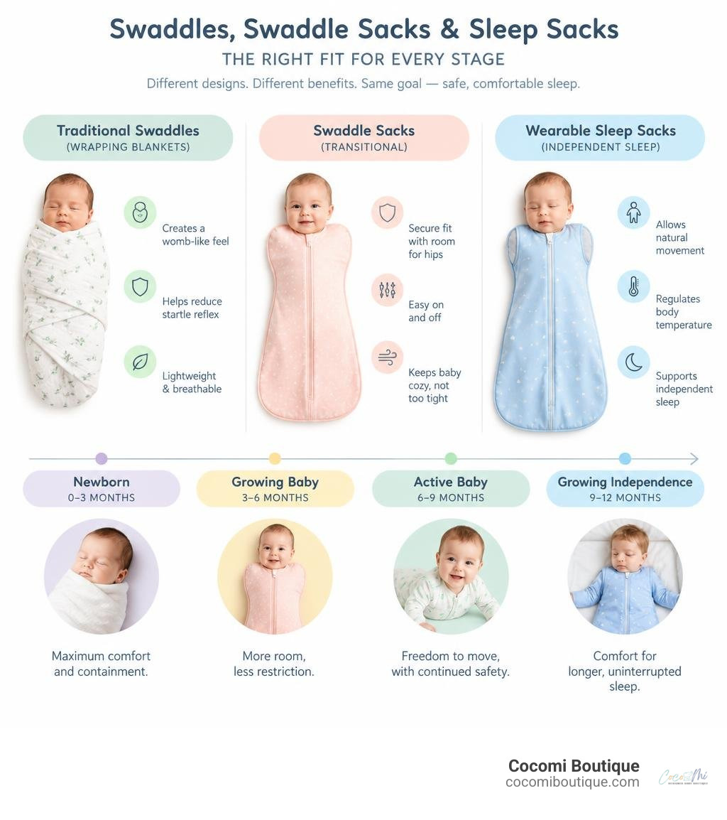 Comparison of swaddles, swaddle sacks, and wearable sleep sacks across infant developmental stages infographic