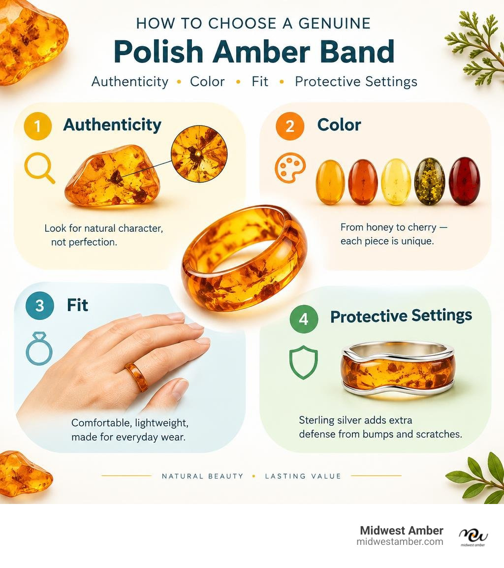 How to choose a genuine Polish amber band: authenticity, color, fit, and protective settings infographic