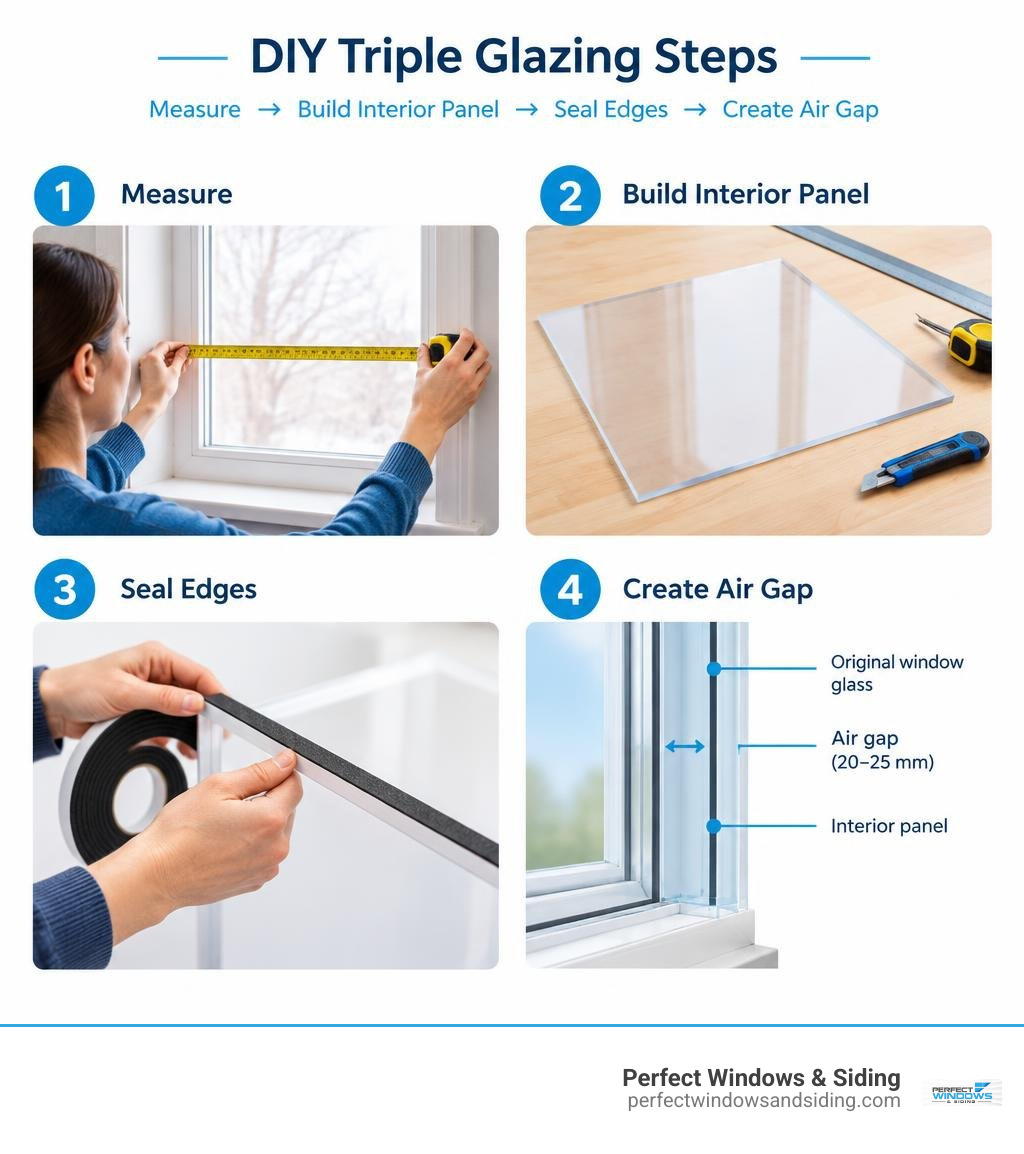 DIY triple glazing steps: measure, build interior panel, seal edges, create air gap infographic DIY triple glazing steps: measure, build interior panel, seal edges, create air gap infographic