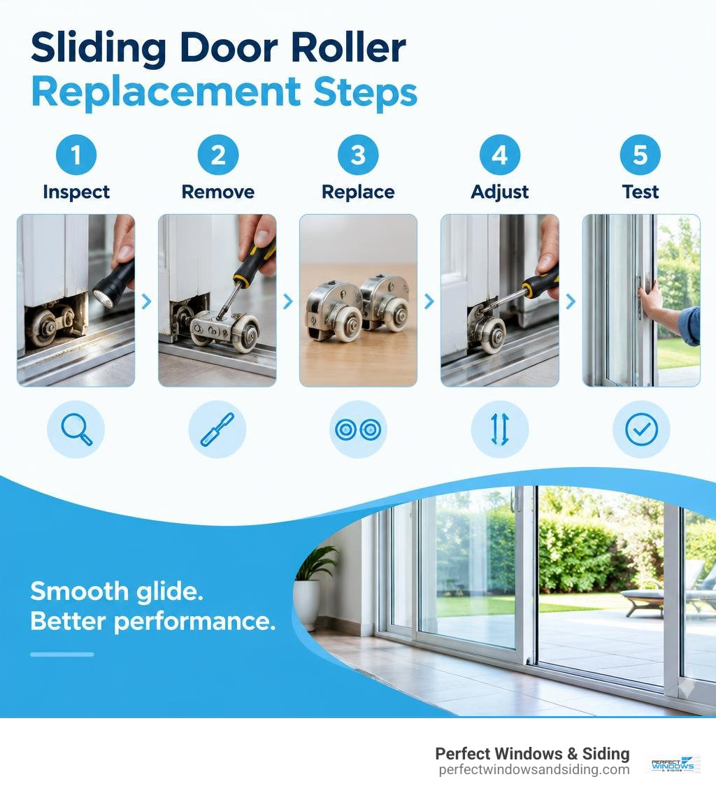 Sliding door roller replacement steps: inspect, remove, replace, adjust, test infographic Sliding door roller replacement steps: inspect, remove, replace, adjust, test infographic