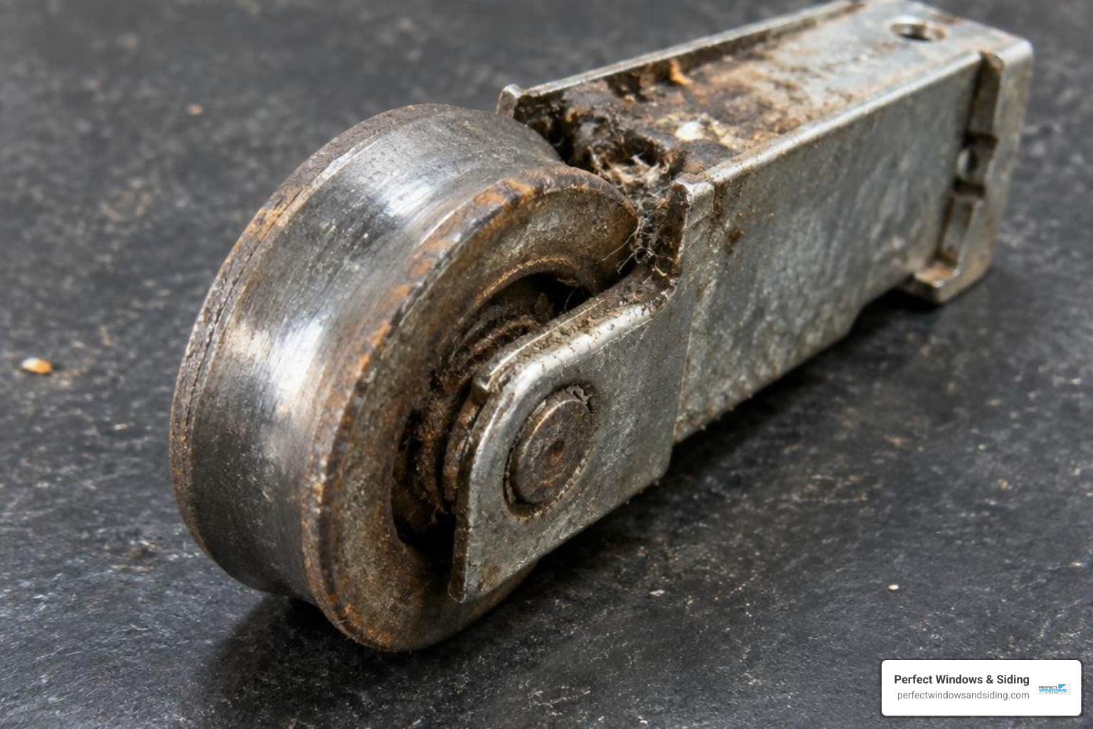 worn steel roller wheels with flat spots and debris buildup worn steel roller wheels with flat spots and debris buildup