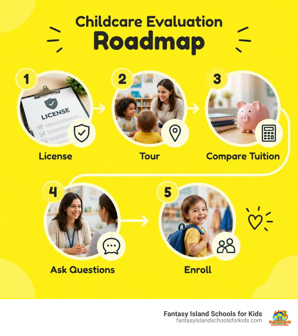 Childcare evaluation roadmap: license, tour, compare tuition, ask questions, enroll infographic Childcare evaluation roadmap: license, tour, compare tuition, ask questions, enroll infographic