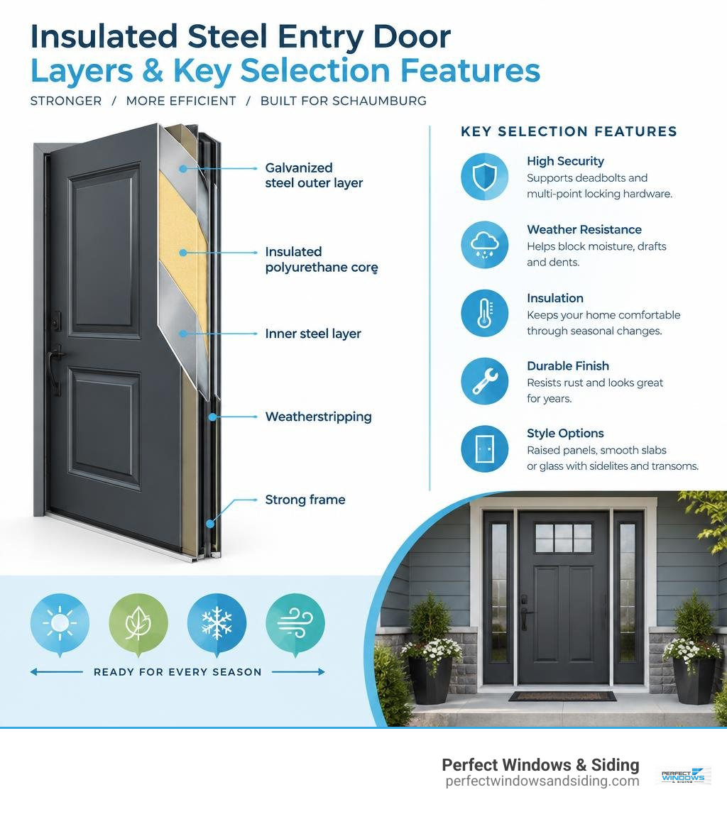 Insulated steel entry door layers and key selection features infographic