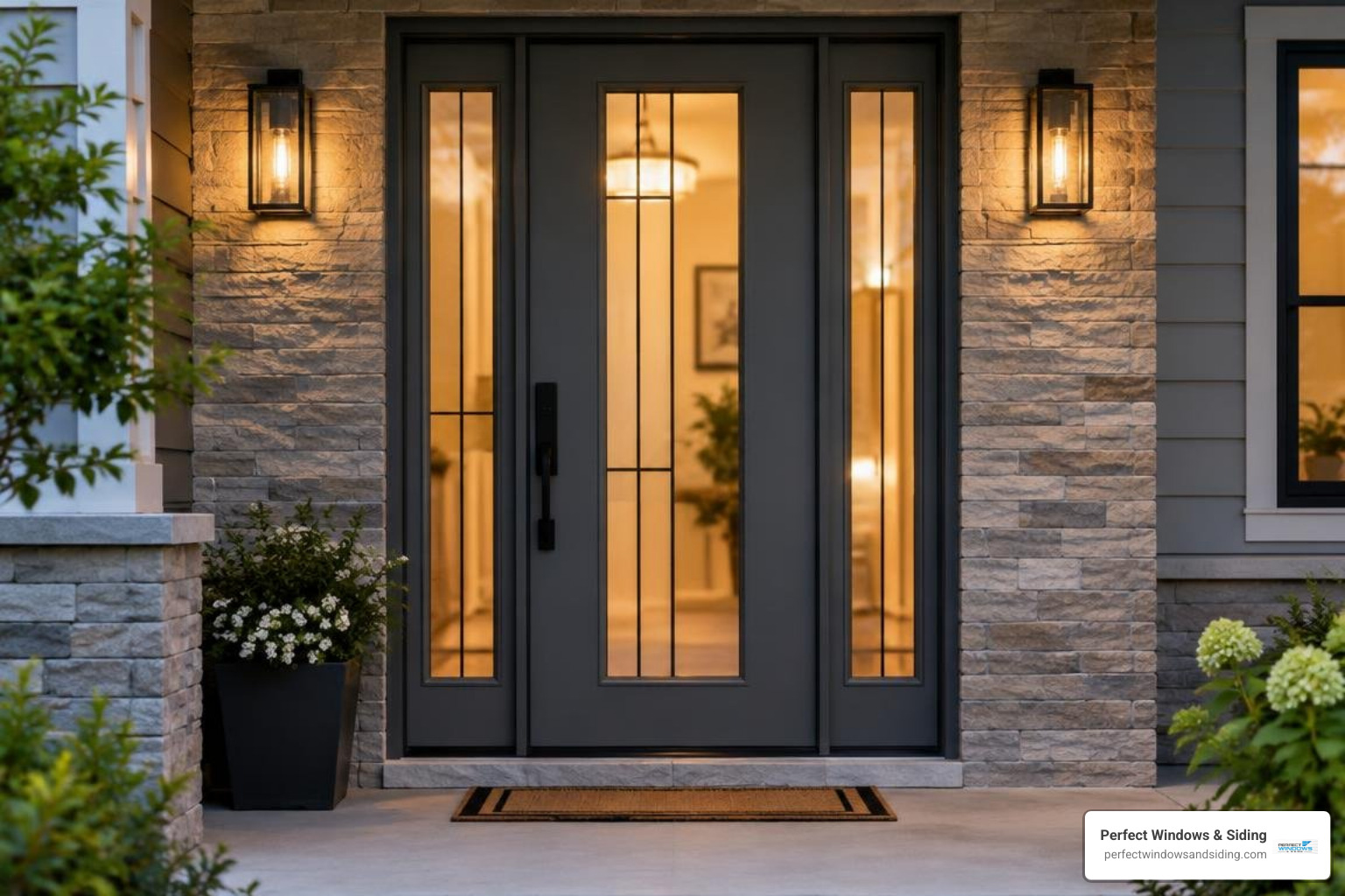 Contemporary steel entry door with modern decorative glass inserts