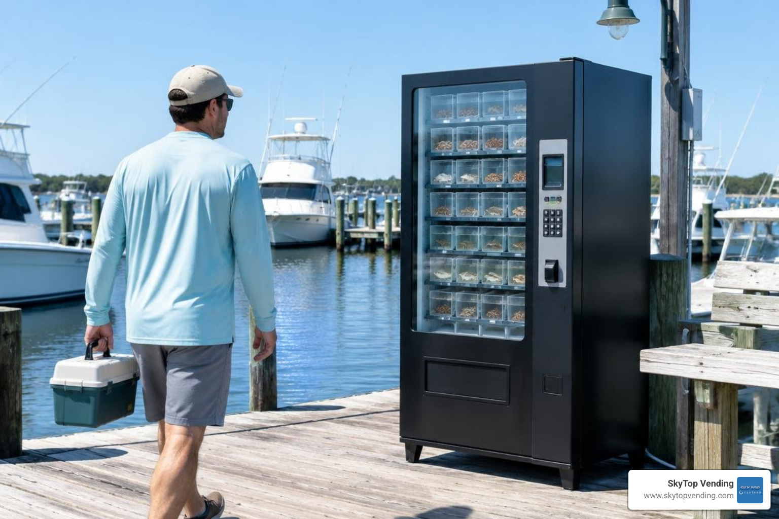 Outdoor live bait vending machine installed at a marina dock