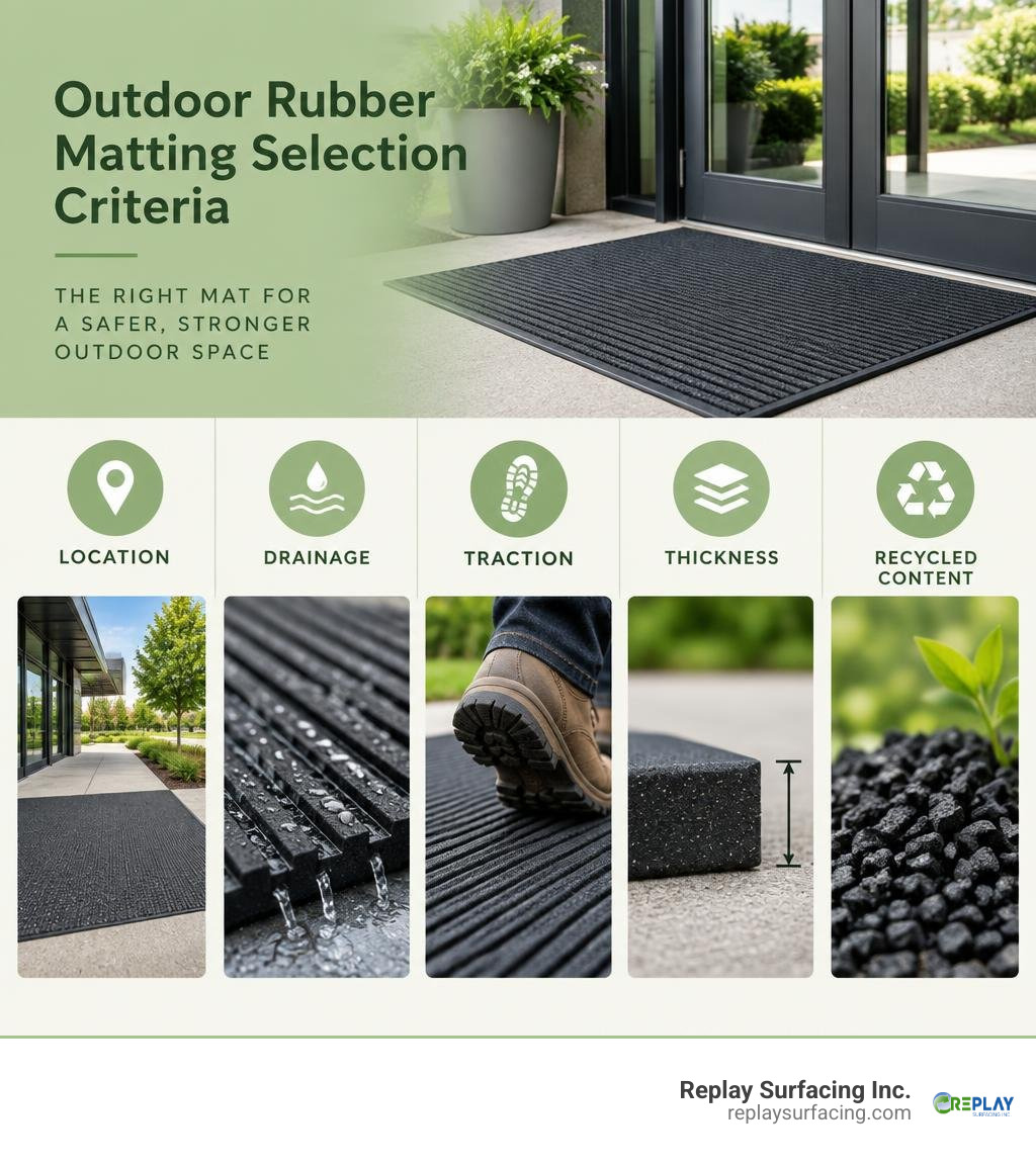 Outdoor rubber matting selection criteria: location, drainage, traction, thickness, and recycled content infographic