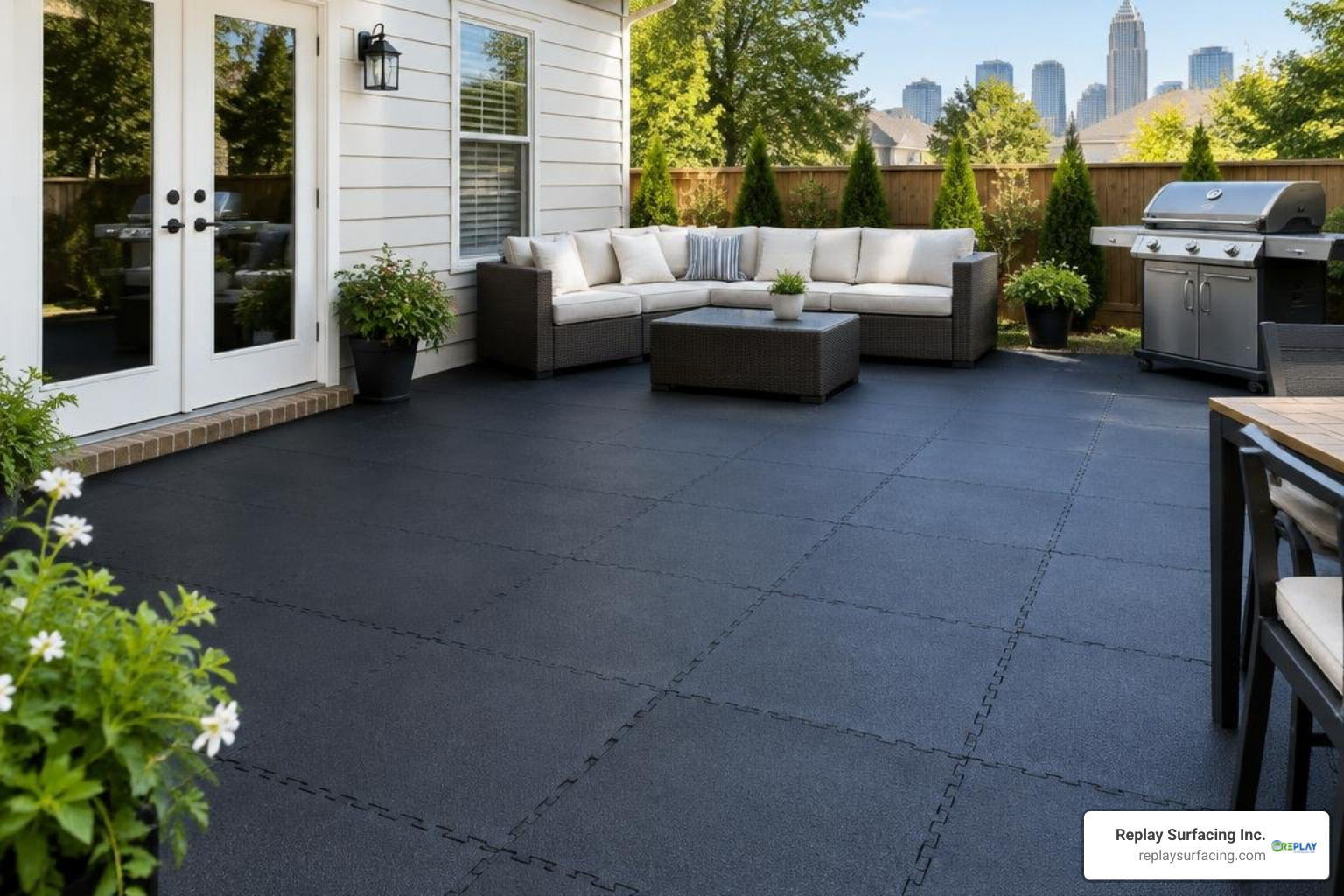 Interlocking rubber tiles installed over a residential patio in Charlotte NC