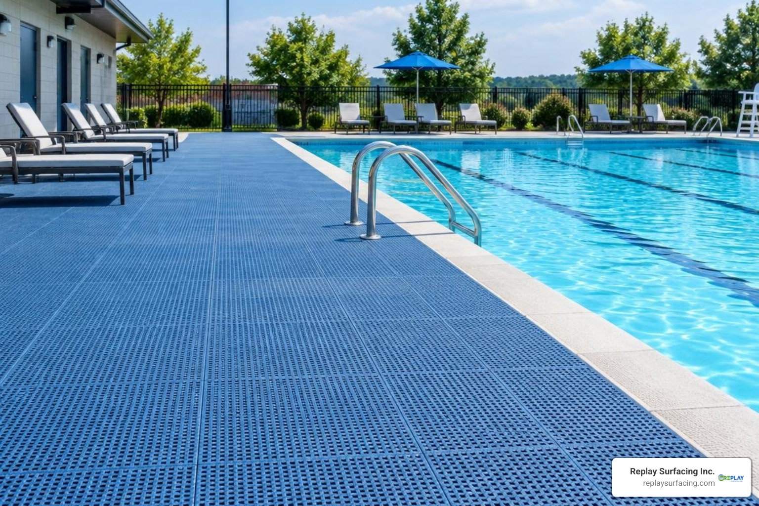 Outdoor commercial facility pool deck equipped with textured rubber drainage matting