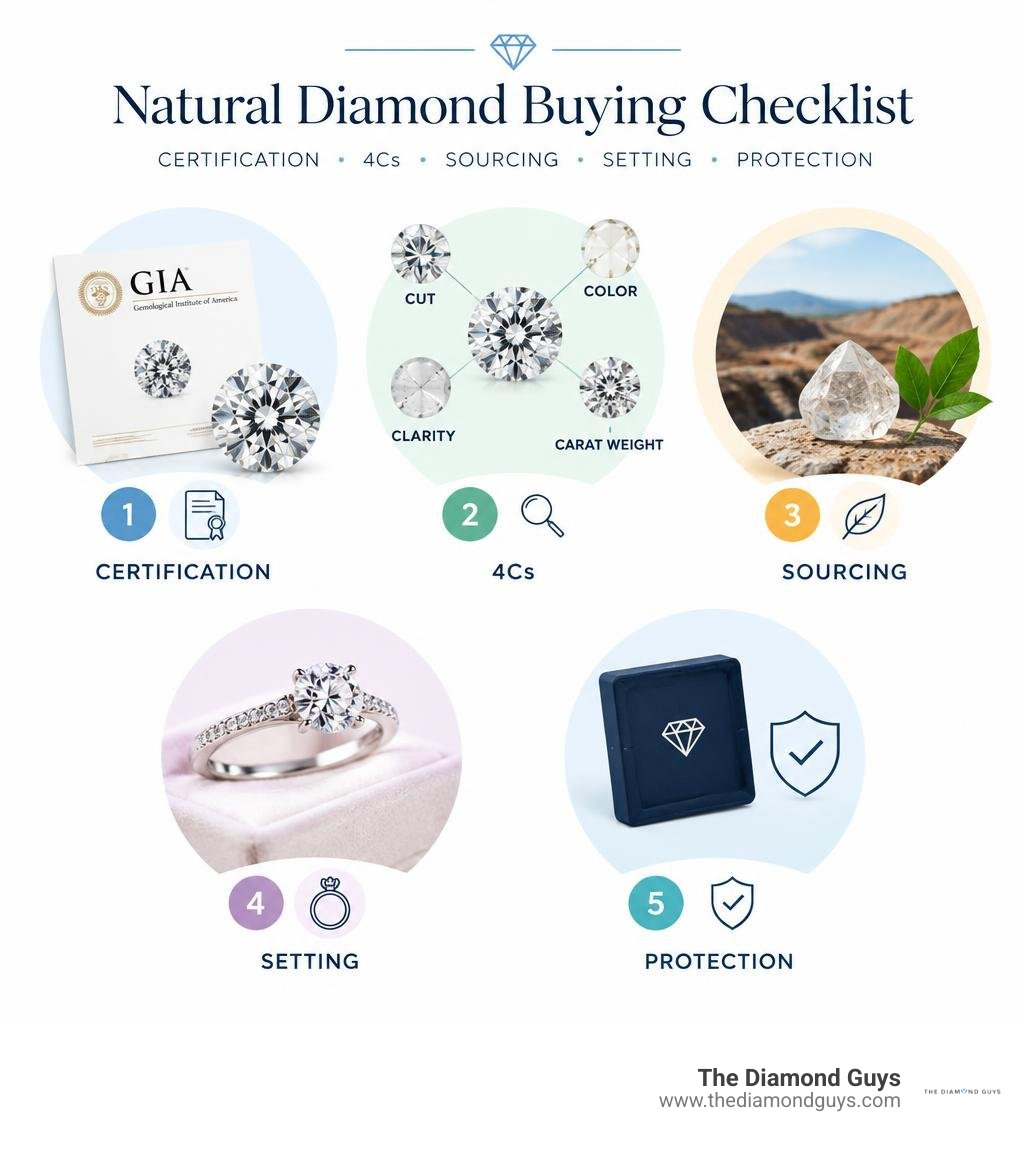 Natural diamond buying checklist: certification, 4Cs, sourcing, setting, and protection infographic Natural diamond buying checklist: certification, 4Cs, sourcing, setting, and protection infographic