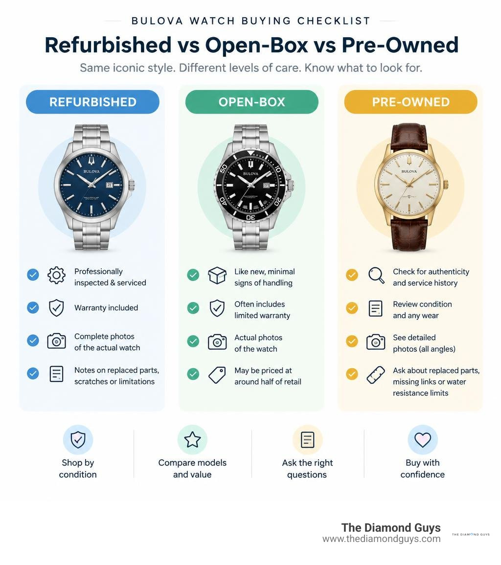 Refurbished vs open-box vs pre-owned Bulova watch buying checklist infographic