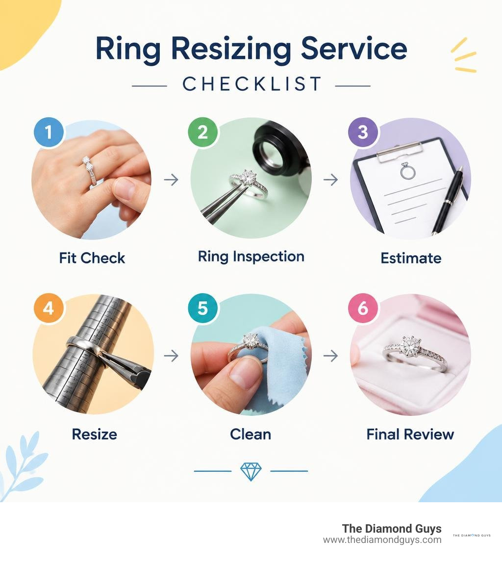 Ring resizing service checklist: fit check, ring inspection, estimate, resize, clean, final review infographic Ring resizing service checklist: fit check, ring inspection, estimate, resize, clean, final review infographic
