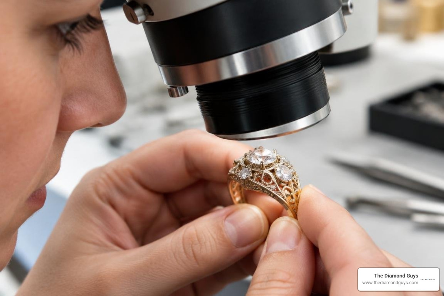 Antique multi-stone heirloom ring inspected under a microscope Antique multi-stone heirloom ring inspected under a microscope