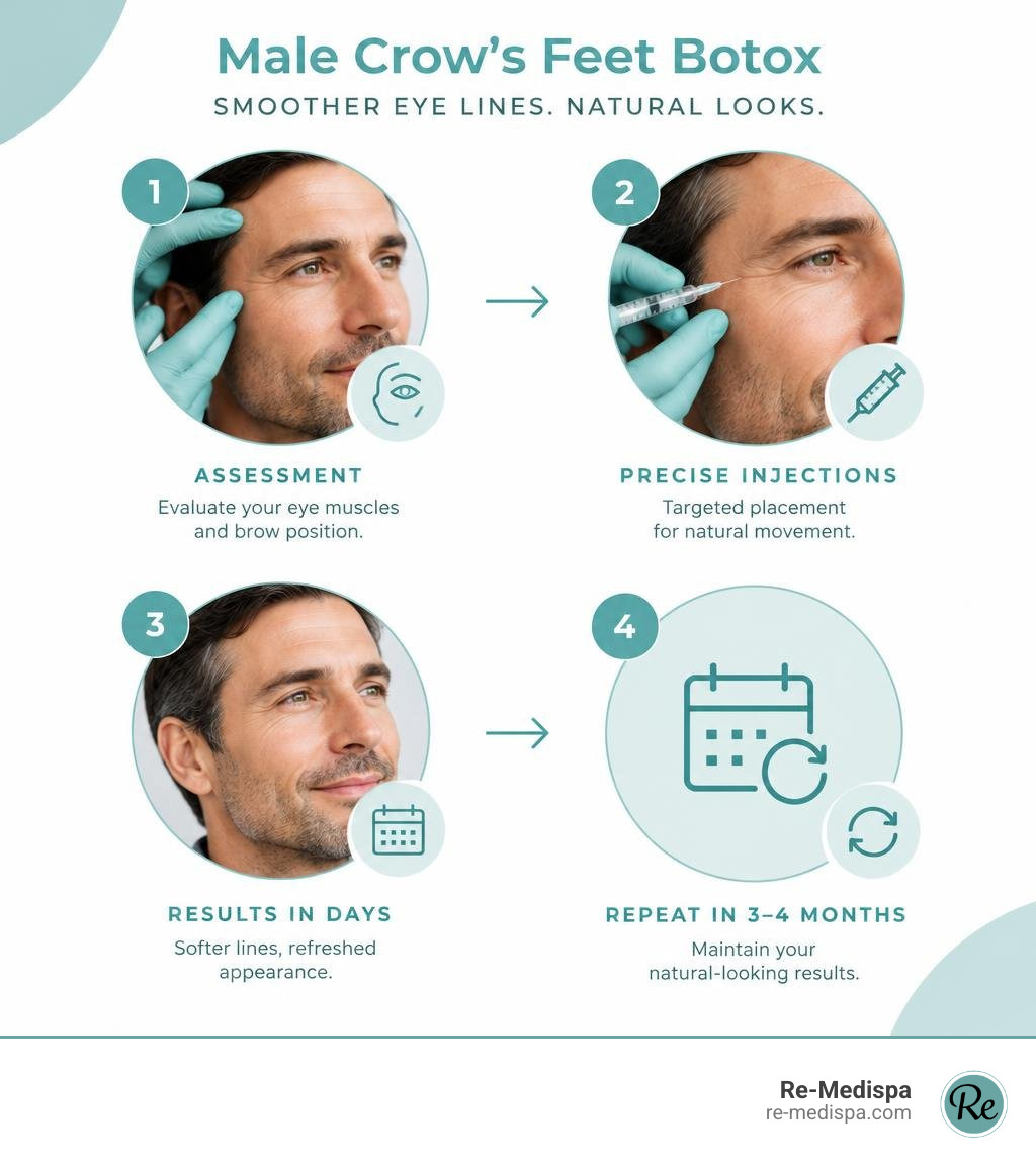 Infographic showing male crow's feet Botox: assessment, precise injections, results in days, repeat in 3-4 months infographic