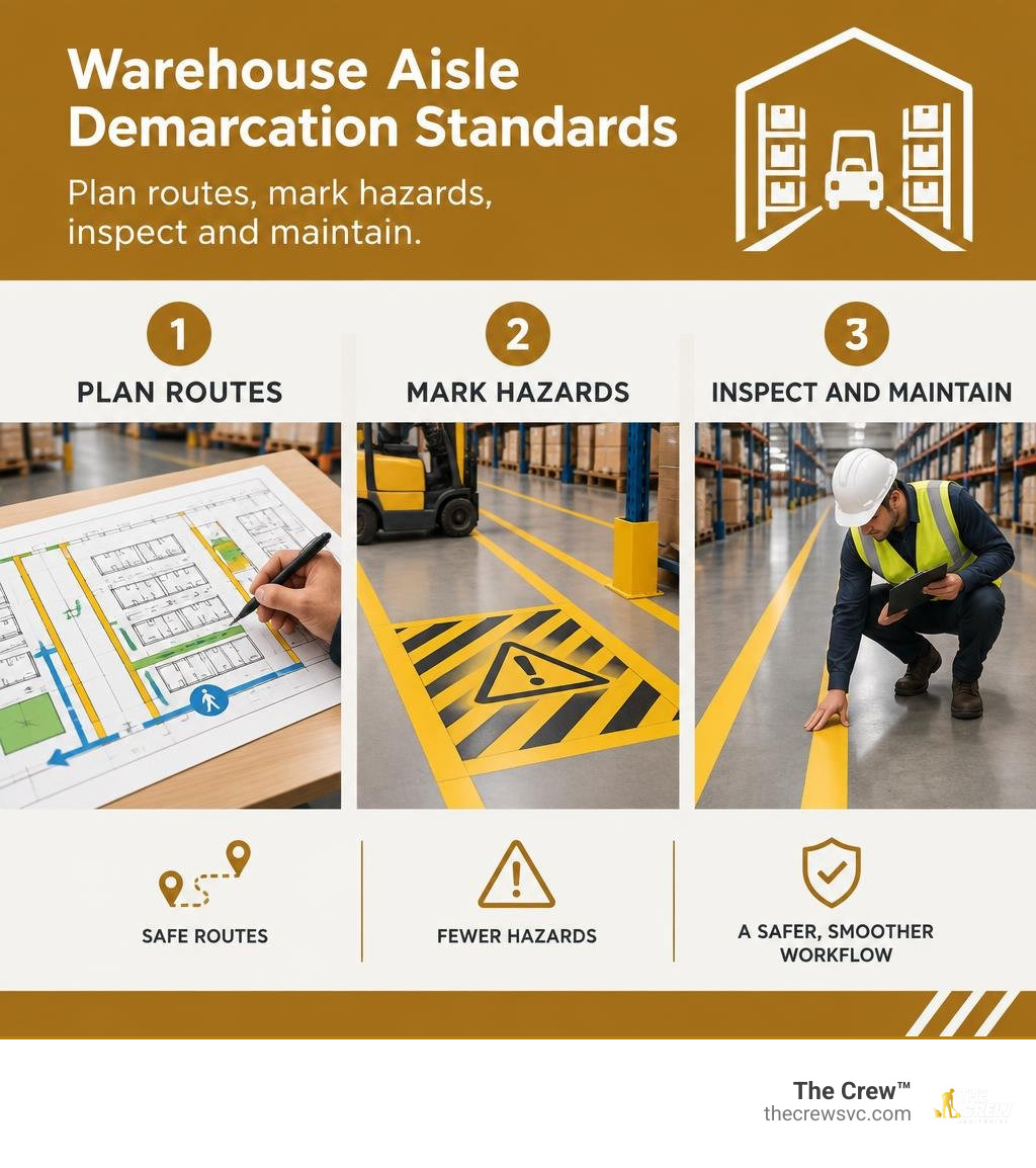 Warehouse aisle demarcation standards: plan routes, mark hazards, inspect and maintain infographic Warehouse aisle demarcation standards: plan routes, mark hazards, inspect and maintain infographic