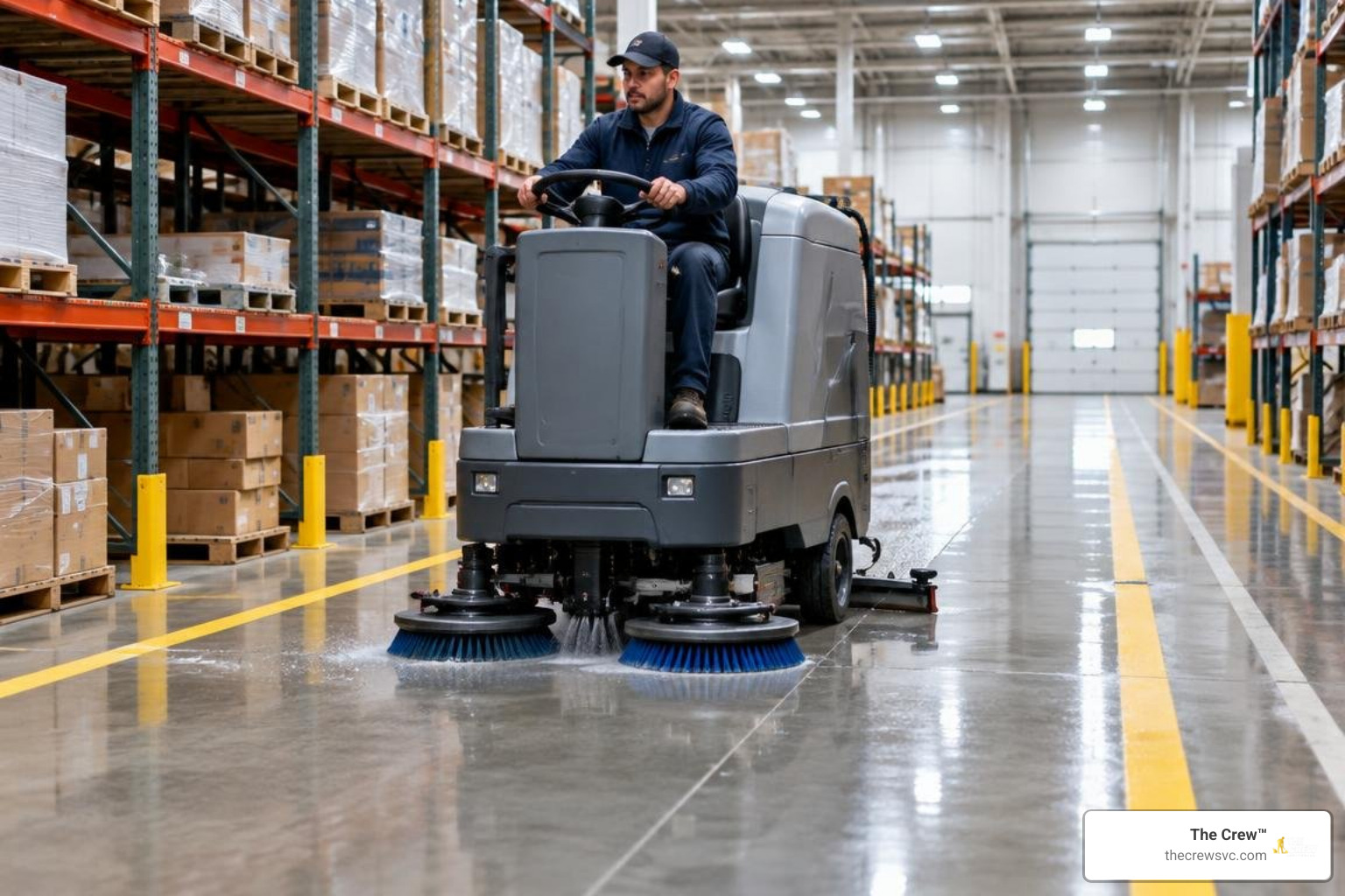 Industrial floor scrubber cleaning striped warehouse aisle Industrial floor scrubber cleaning striped warehouse aisle