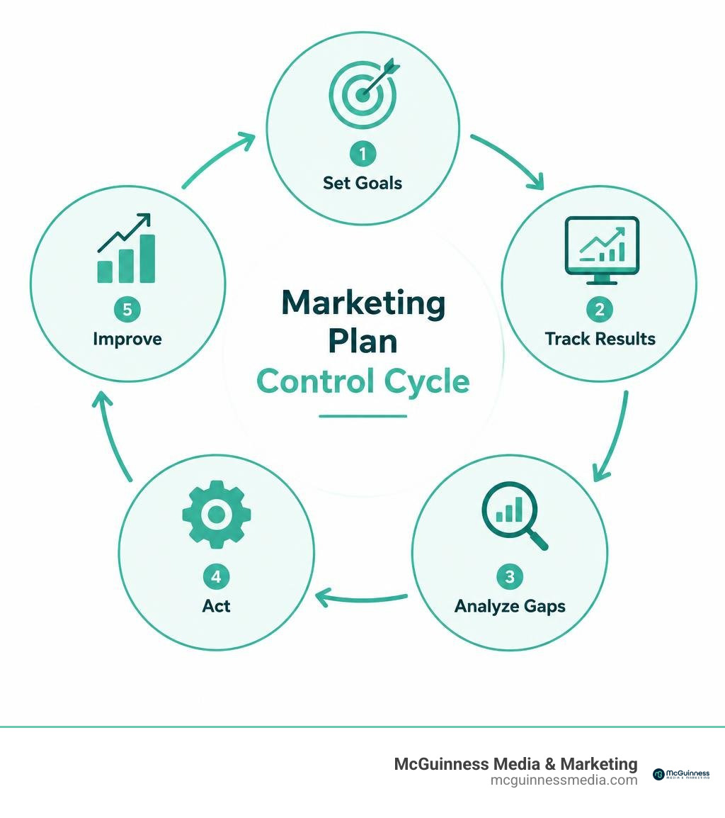 Marketing plan control cycle: set goals, track results, analyze gaps, act, and improve infographic