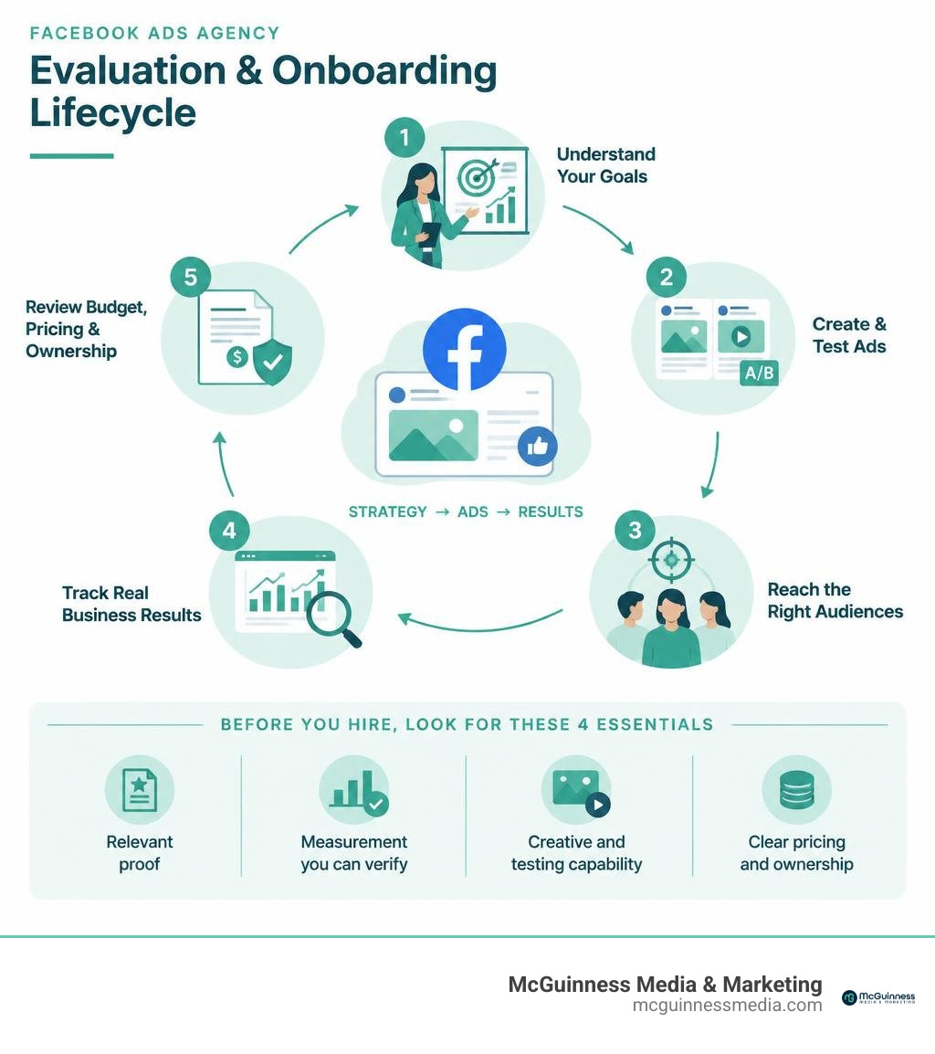 Facebook Ads agency evaluation and onboarding lifecycle infographic Facebook Ads agency evaluation and onboarding lifecycle infographic