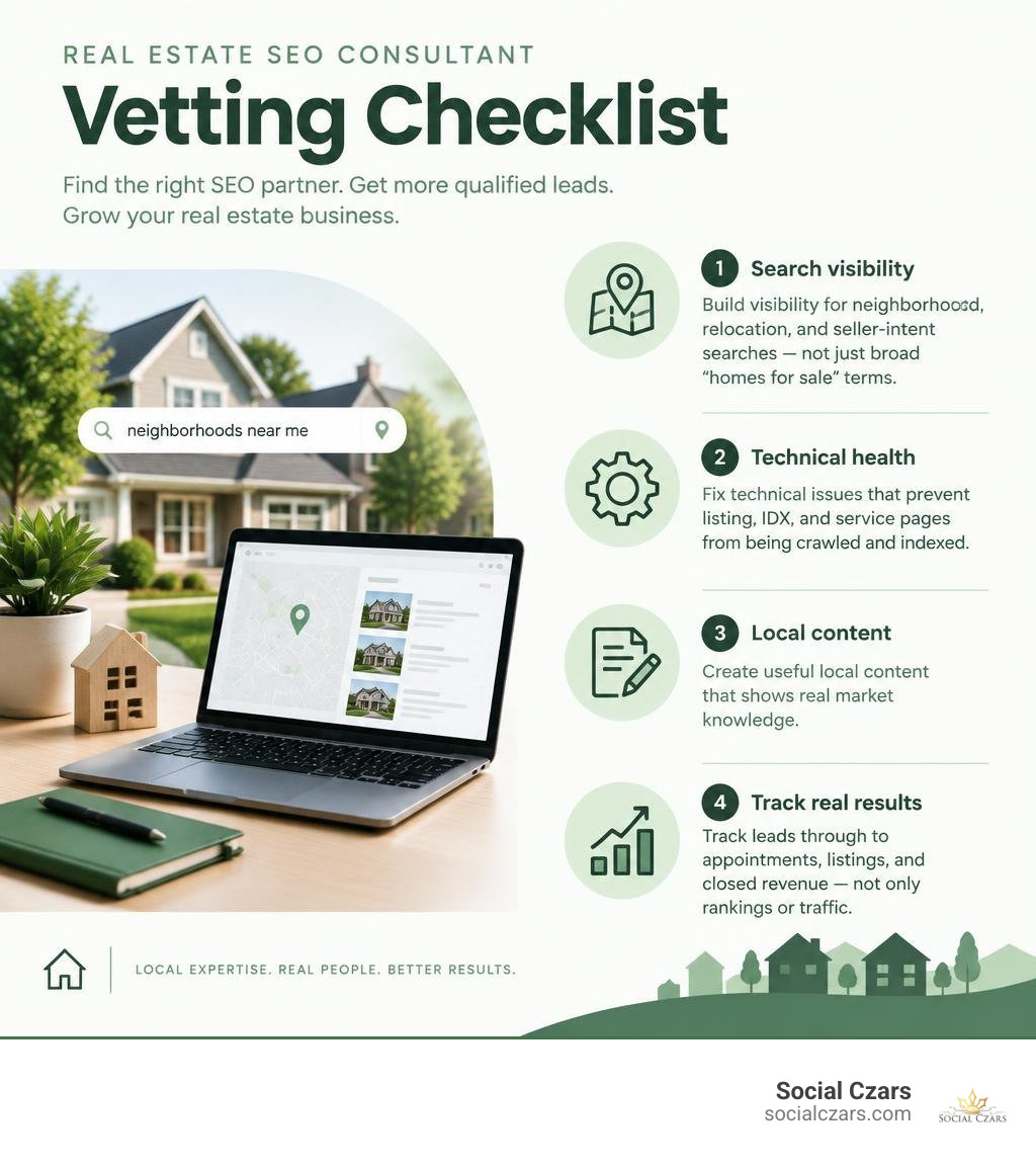 Real estate SEO consultant vetting checklist infographic