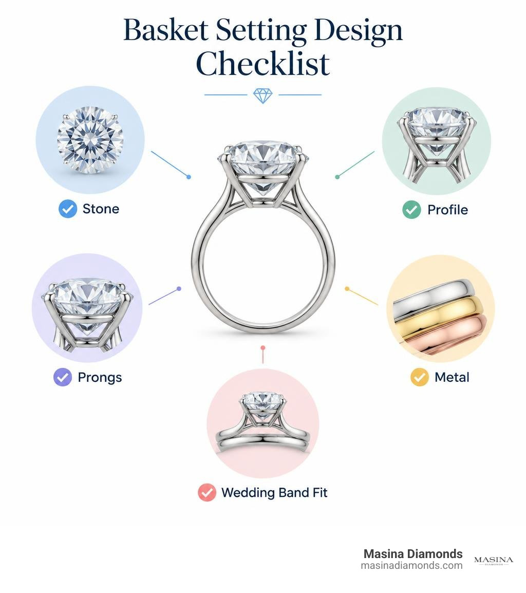 Basket setting design checklist: stone, profile, prongs, metal, wedding band fit infographic