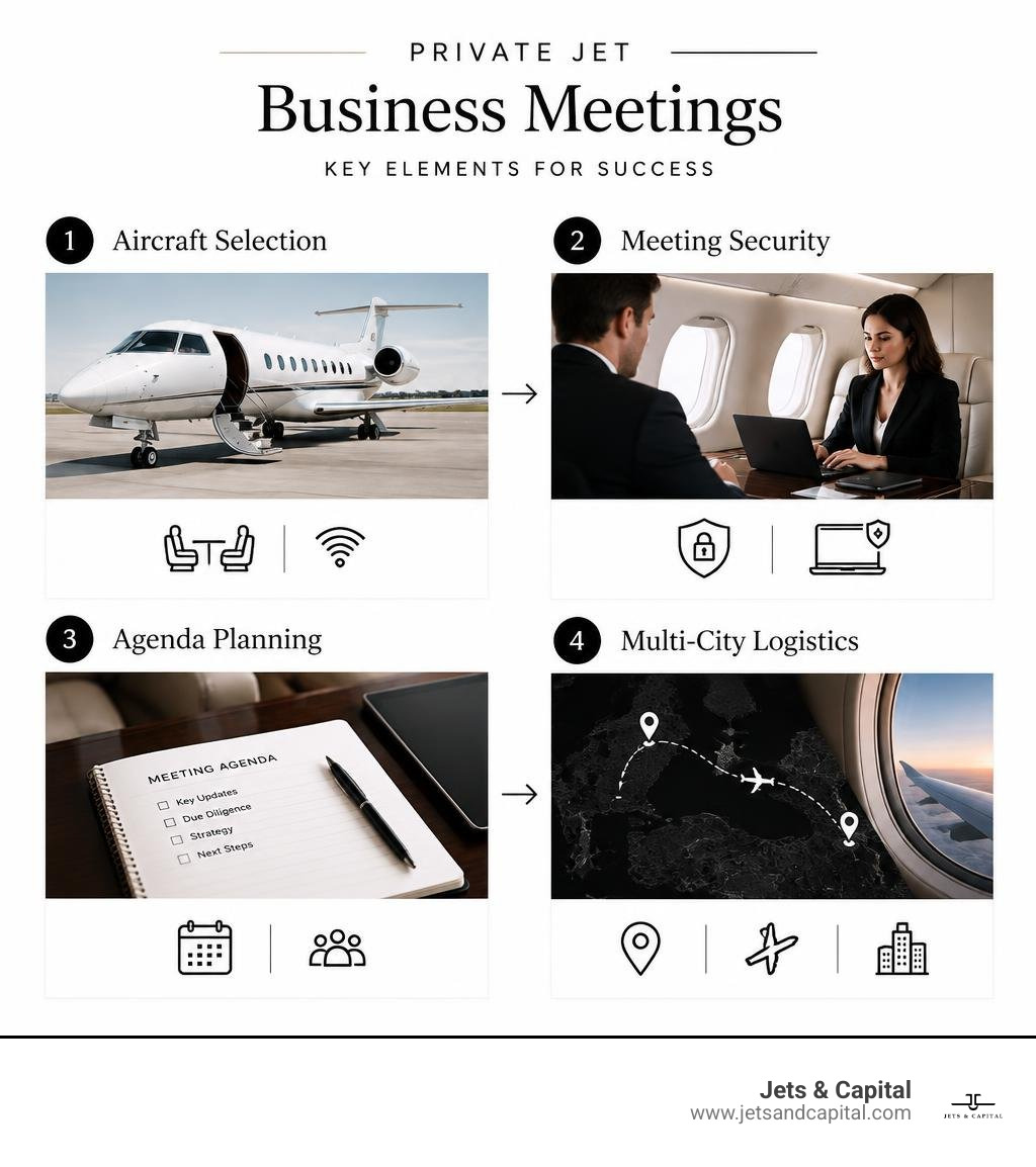Infographic showing aircraft selection, meeting security, agenda planning, and multi-city logistics infographic