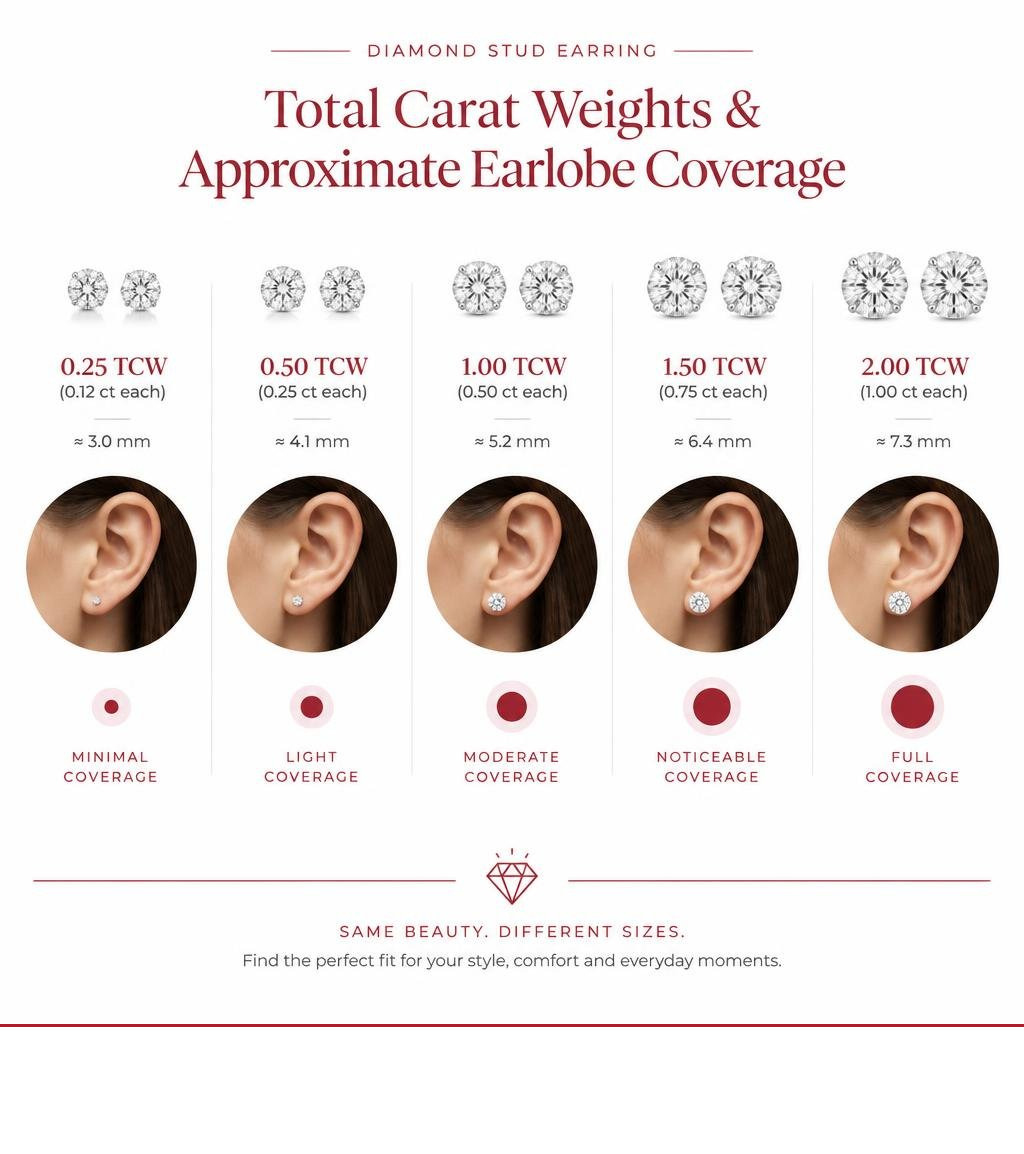 Diamond stud earring total carat weights and approximate earlobe coverage infographic