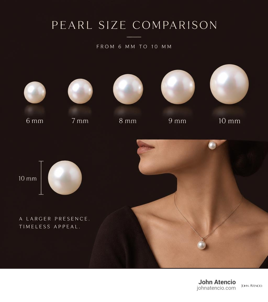 10 mm pearl size compared with common 6 mm, 7 mm, 8 mm, and 9 mm pearl sizes infographic