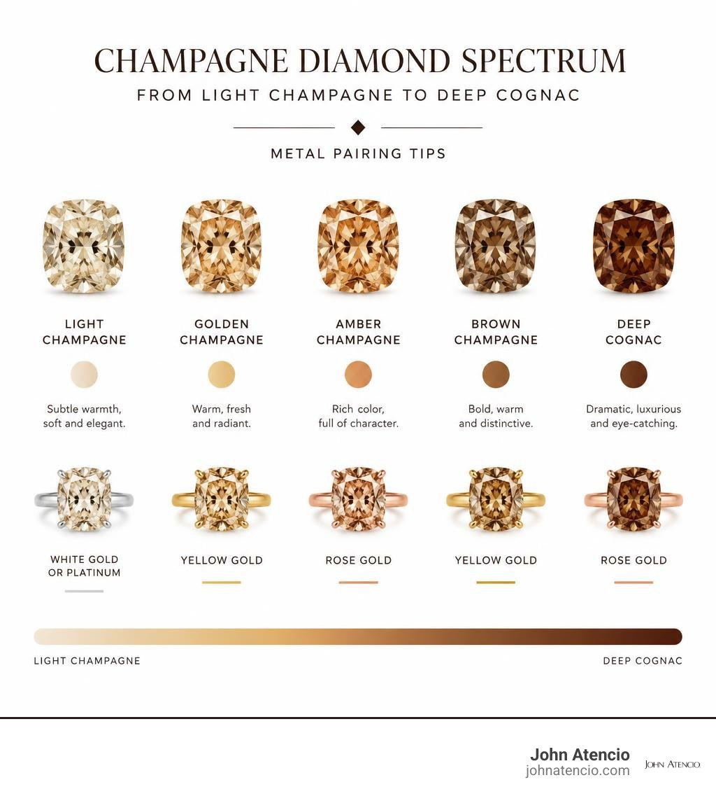 Champagne diamond spectrum from light champagne to deep cognac with metal pairing tips infographic