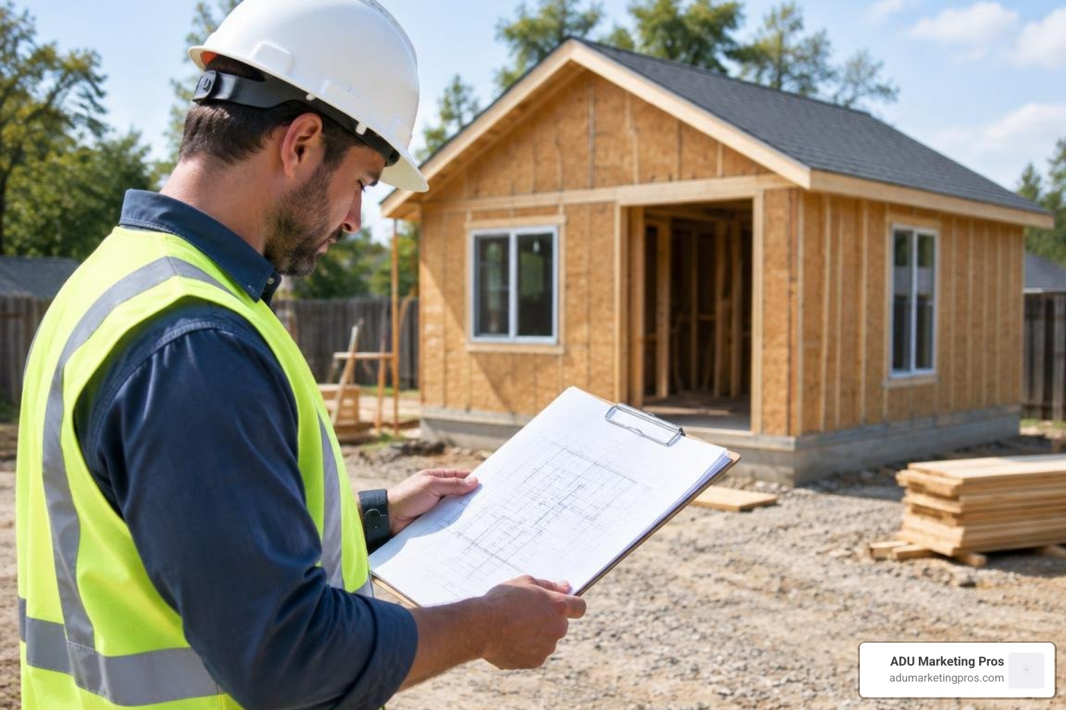 Contractor reviewing architectural blueprints on site