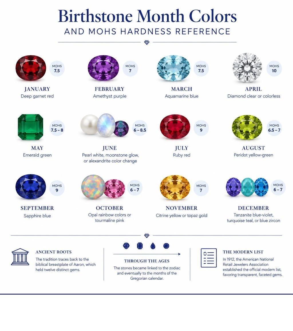 Birthstone month colors and Mohs hardness reference infographic Birthstone month colors and Mohs hardness reference infographic