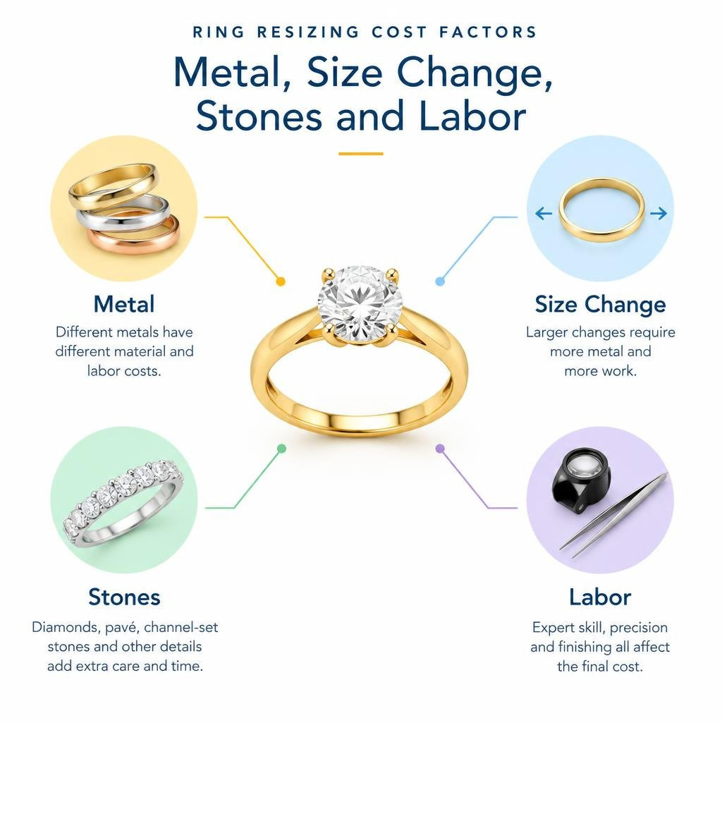 Ring resizing cost factors: metal, size change, stones, and labor infographic